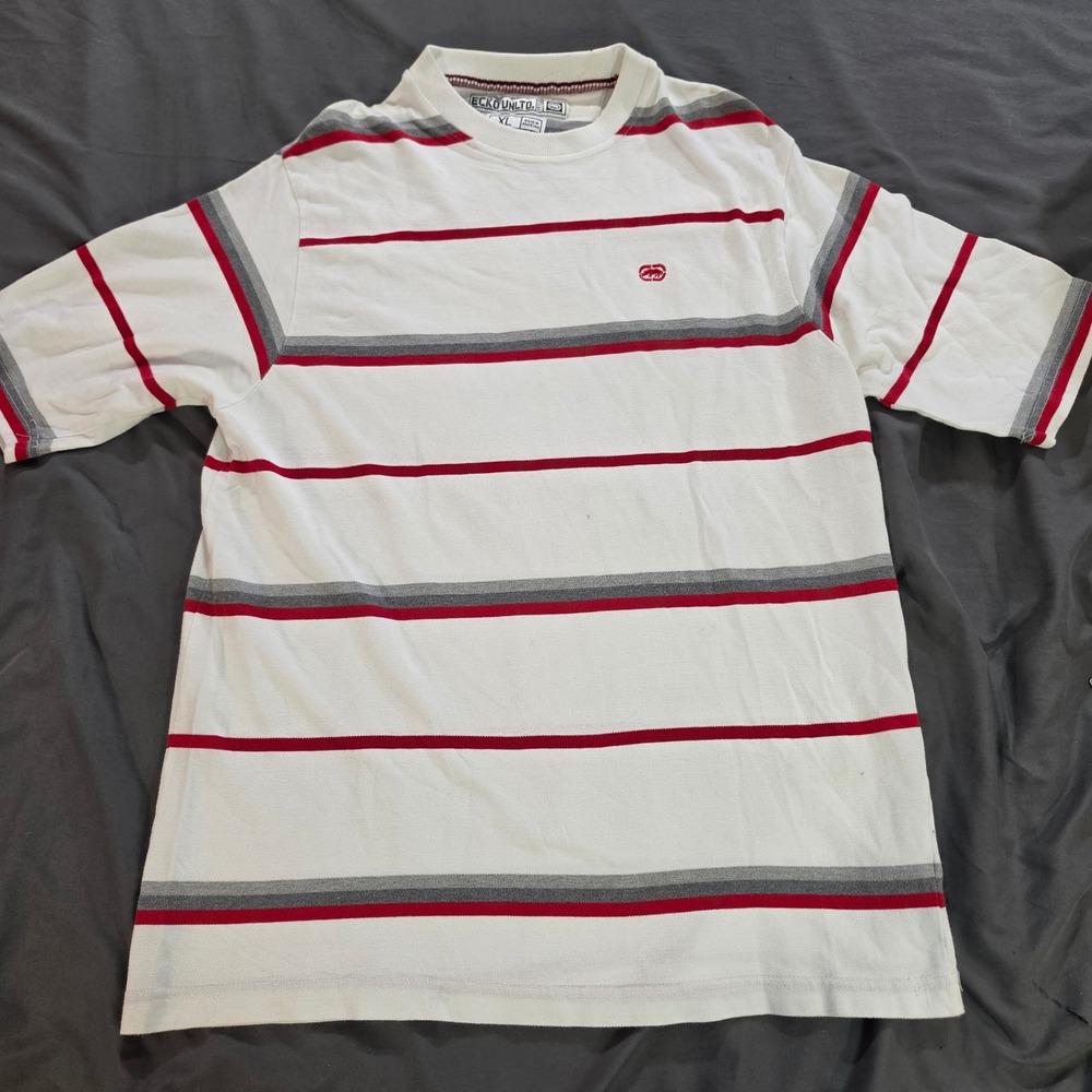 Ecko Unltd Mens XL White Striped Short Sleeve Pique T-Shirt Red Grey Rhino Logo